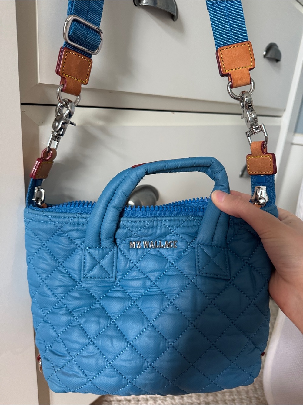MZ Wallace Quilted Sky Blue Mini Crossbody with Leather-Trim Strap